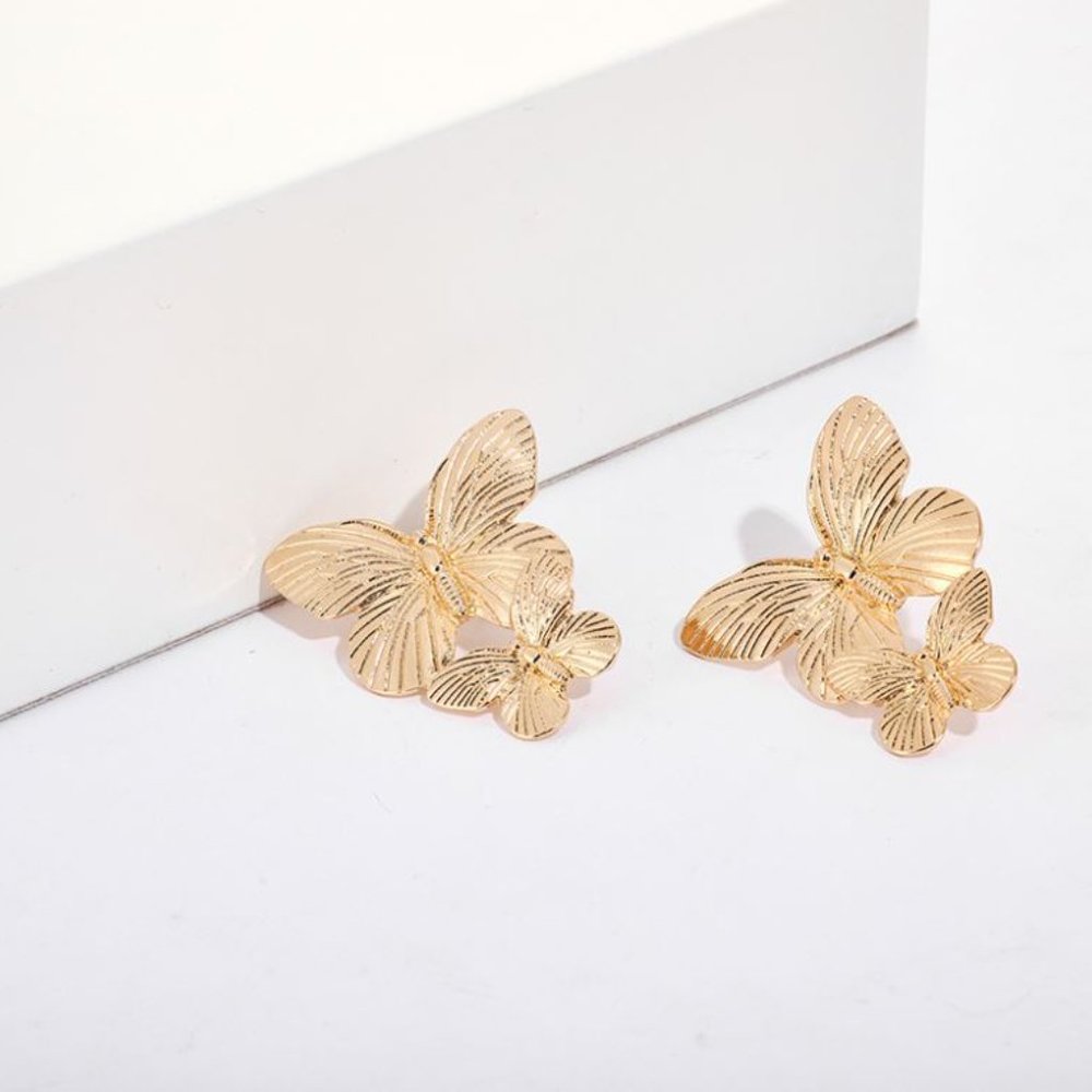 Gold Double Butterfly Wings Stud Earrings - Picture 4 of 4